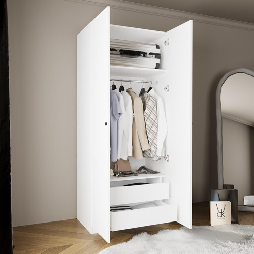 KA6040 GOSS 90 cm Kapaklı, 2 Çekmeceli, Askılı ve Raflı Beyaz Dolap, Modern Yatak Odası Gardırobu