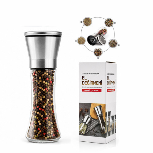 HAND GRINDER BÜYÜK CAM HAZNELİ - KROM KAPLAMA PLS.KAPAKLI TUZ - BAHARAT ÖĞÜTÜCÜ (4887)