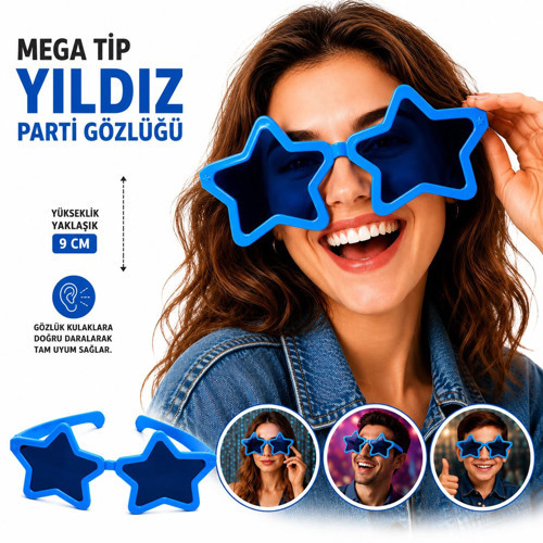 Mega Tip Yıldız Parti Gözlüğü Mavi Renk (4887)