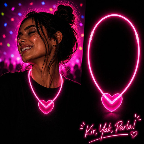 Neon Işıklı Fosforlu Kalp Parti Kolyesi Pembe Renk (4887)