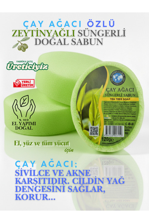 Çay Ağacı Süngerli Bitkisel Banyo Sabunu 120 g, El, Yüz ve Vücut - 1 Adet