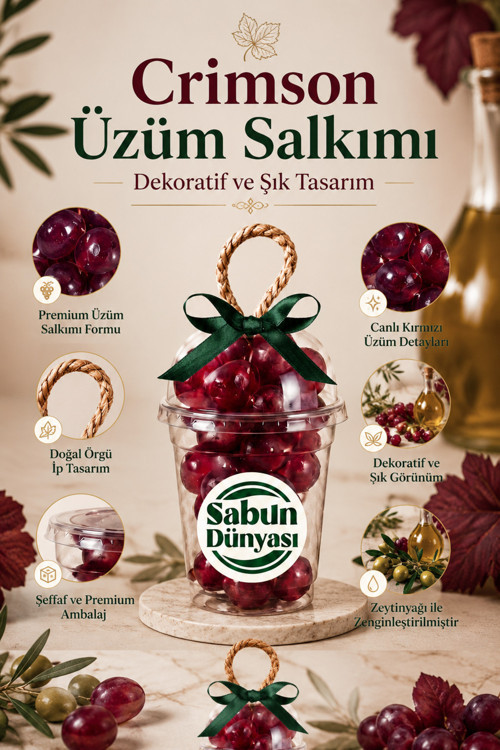 Crimson Üzüm Salkımı Sabunu 250 gr, İpli Bitkisel Zeytinyağlı Sabun, Dekoratif Günlük El Yüz Vücut Temizliği - 1 Adet