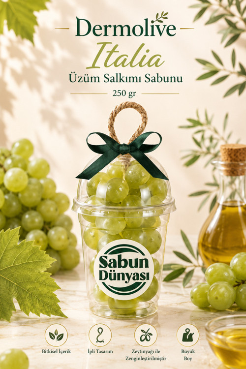 Italia Üzüm Salkımı Sabunu 250 gr, Zeytinyağlı İpli Dekoratif Bitkisel Kalıp Sabun - 1 Adet