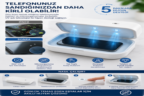 Uv-C Hijyen Kutusu 360° Işık Teknolojisi | Telefon, Anahtar, Saat ve Kulaklık Temizleme Cihazı