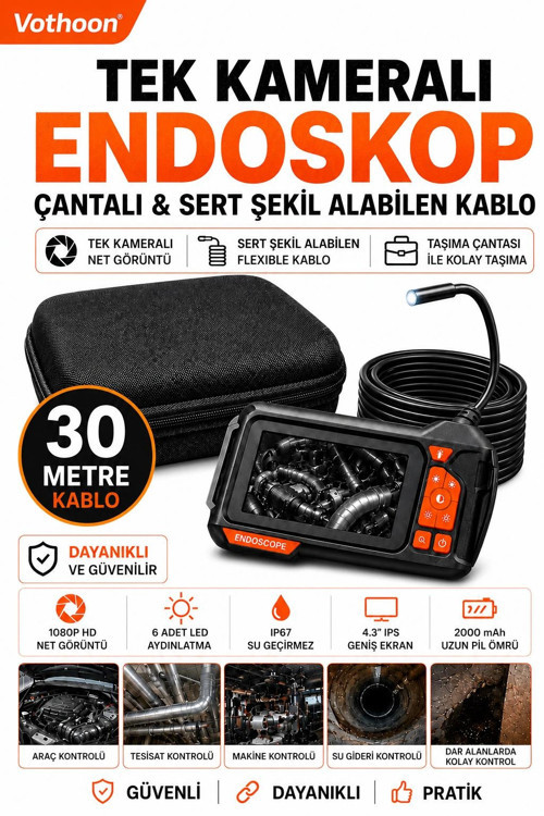 Ekranlı Tek kameralı 30 Mt Sert Kablo Yılan Endoskop Kamera 8 mm 4.3 ınc