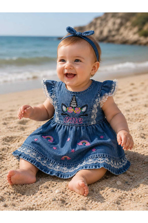 Kız Bebek Kot Elbise Unicorn Nakışlı Dantel Detaylı Mavi Denim Fırfırlı Doğum Günü Elbisesi
