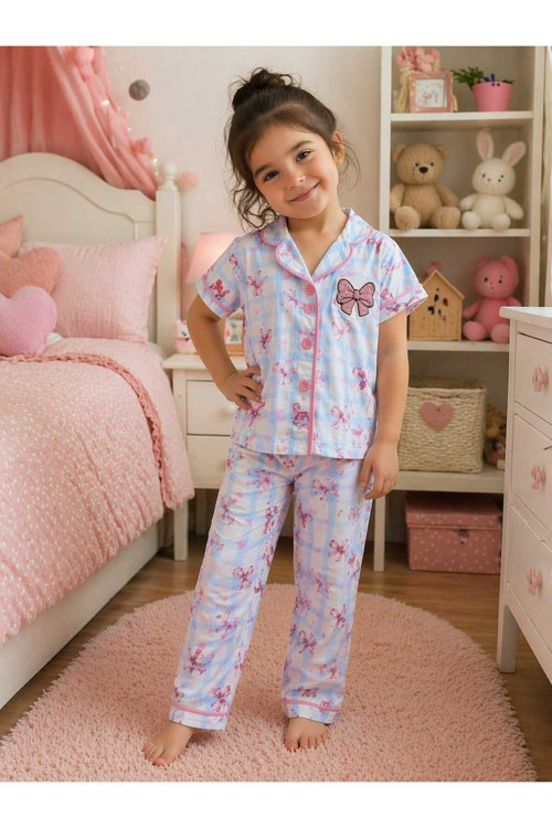 Kız Çocuk Mavi Kareli Fiyonklu Desenli Pijama Takımı -Kısa Kollu Düğmeli Pijama