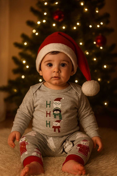 3'Lü Yılbaşı Temalı Bebek Takım (Body +Pantlon+ Şapka )-Gri Noel Desenli