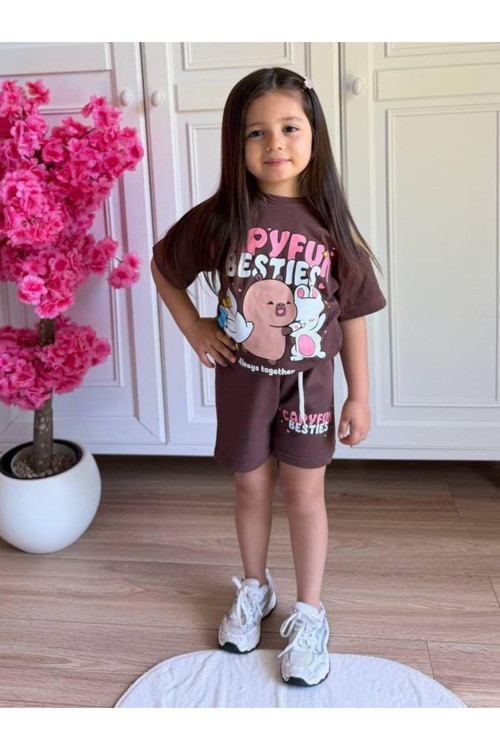 Yumuşak Pamuklu Kumaştan Kahverengi Baskılı T-Shirt Ve Şort Takımı - Capyfun Besties Deseniyle