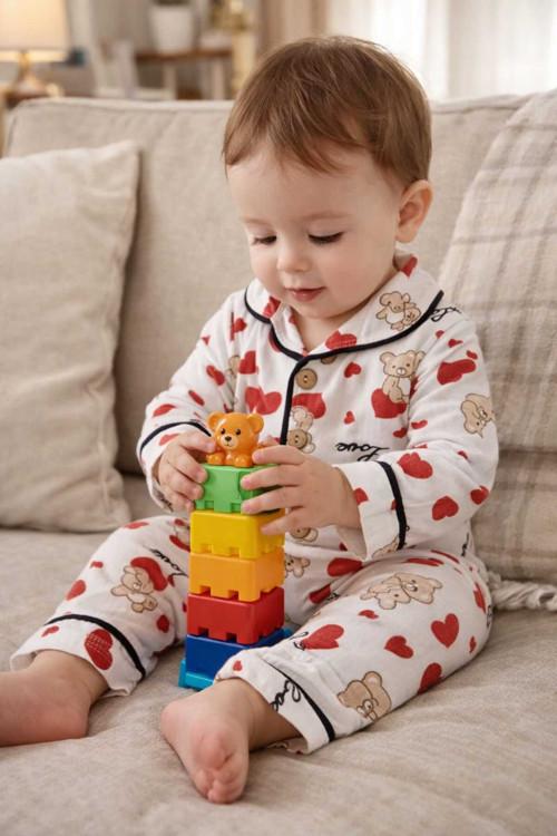 Ayıcık Ve Kırmızı Kalp Basklı Çocuk Pijama Takımı Düğmeli Kruvaze Yaka %100 Pamuk