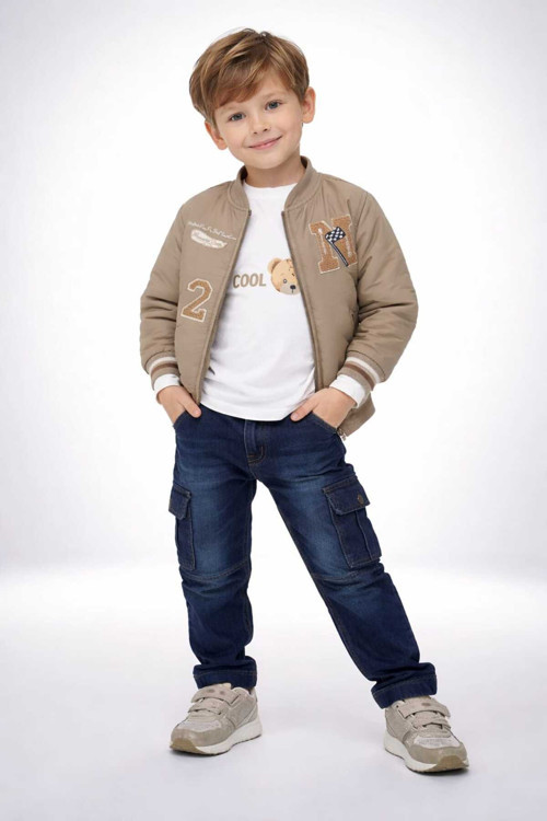 Erkek Çocuk Ayıcık Baskılı 3'Lü Set- Bomber Ceket Sweatshirt Ve Kargo Pantolon
