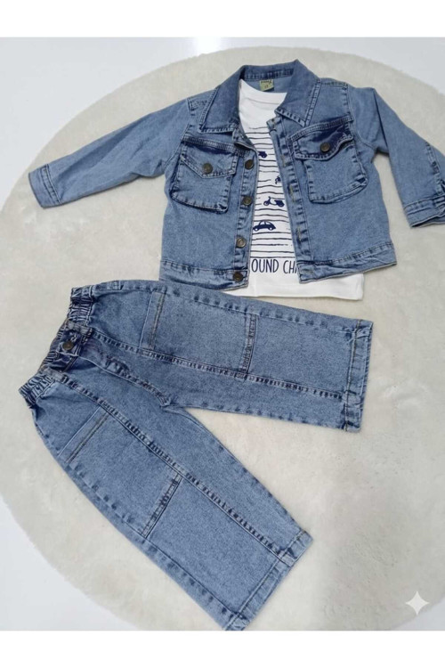 Erkek Çocuk Mavi Denim Takım - Ceket Pantolon Ve Baskılı Penye Takım 3'Lü Set