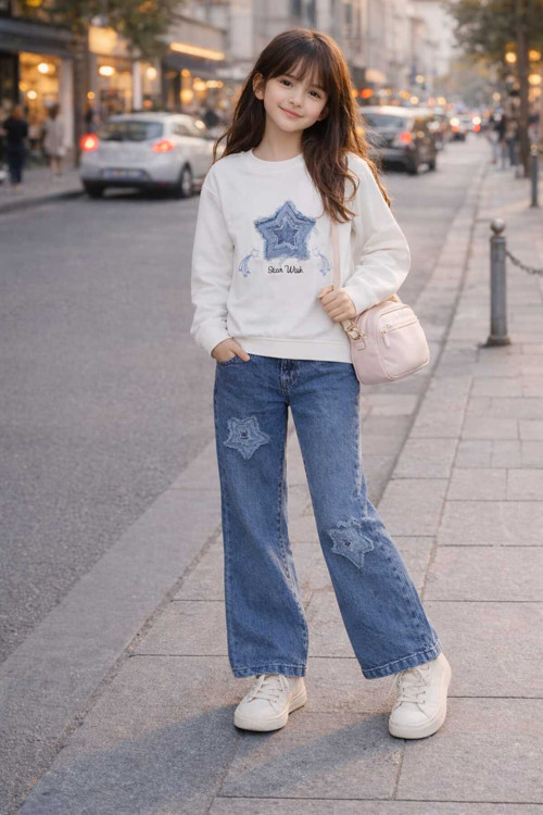 Kız Çocuk Denim Takım Yıldız Detaylı Sweatshirt Ve Kot Pantolon