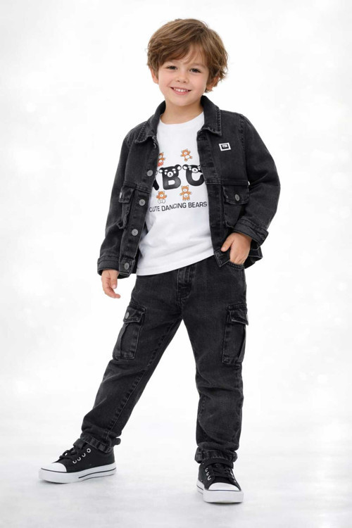 Erkek Çocuk Füme Denim Ceketli 3'Lü Takım Ayıcık Baskılı Kargo Cepli Alt Üst Set