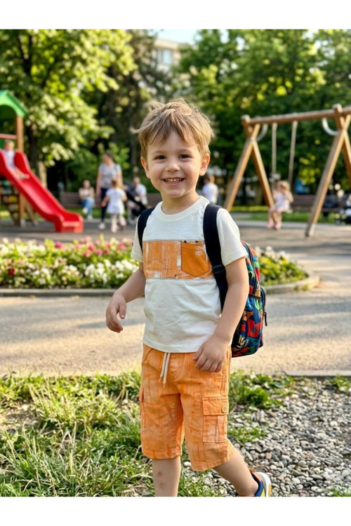 Erkek Çocuk Mavi Beyaz Denim Görünümlü Kargo Cepli Pantolon Ve Tişört Alt Üst Takım