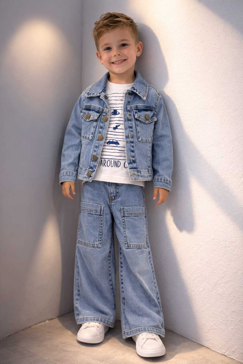 Erkek Çocuk Mavi Denim Takım - Ceket Pantolon Ve Baskılı Penye Takım 3'Lü Set