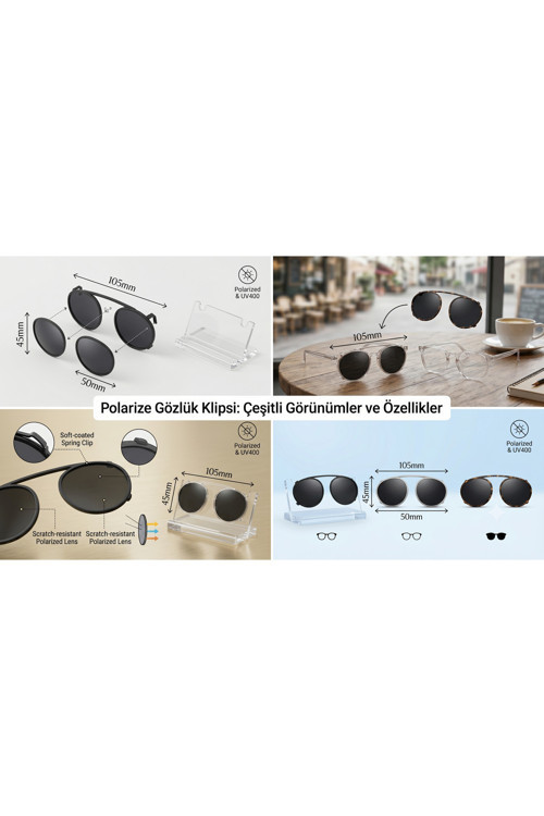 Retro Yuvarlak Polarize Güneş Gözlüğü Klipsi - Numaralı Gözlük Üstü Tak Çıkar Cam Aparatı 45x50 mm
