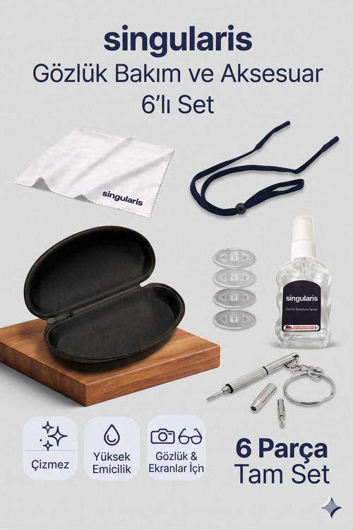 Profesyonel Gözlük Bakım Ve Aksesuar 6'lı Tam Set - Temizleme Spreyi + Bez + İp + Kılıf + Plaket + Tornavida
