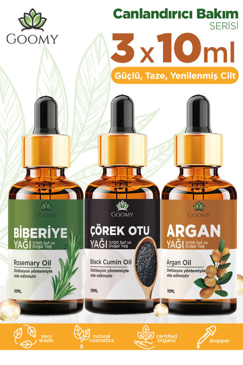 Biberiye Yağı Argan Yağı Çörekotu Yağı %100 Saf ve Doğal Bitkisel Uçucu Yağ 3x10 ml