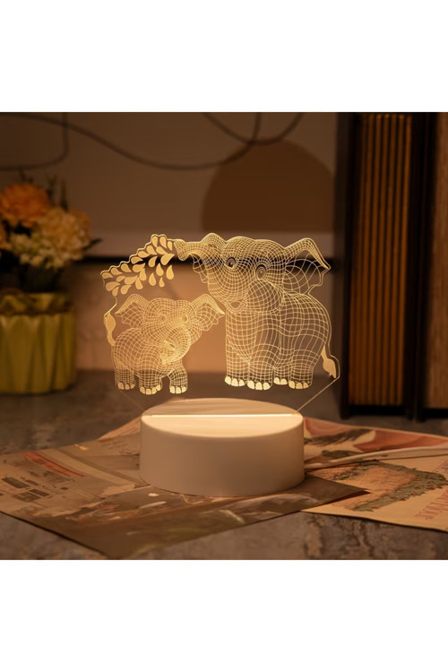 3D İllüzyon Fil Ailesi Gece Lambası USB Güçlü Masa Lambası Yatak Odası Dekor