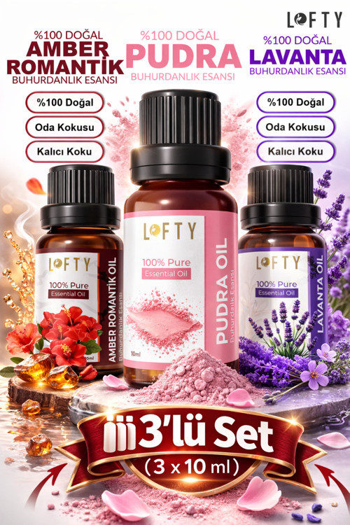 3lü Lofty Pudra, Lavanta, Amber Romantik Uçucu Yağı Buhurdanlık Esansı Oda Kokusu Esansiyel 10 ml