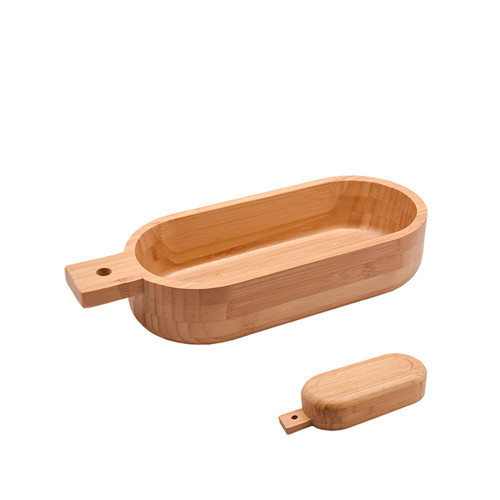 MİEN Bambu Derin Sunumluk 33 × 13 × 6,5 cm – Saplı Bambu Servis ve Sunum Tabağı