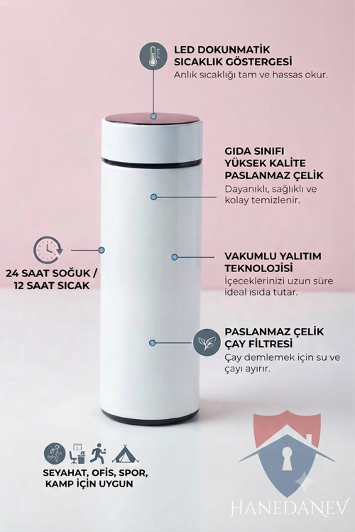 Akıllı Led Gösterge Dereceli Termos Dijital Sıcaklık Göstergeli Paslanmaz Çelik Termos 500 ML Beyaz