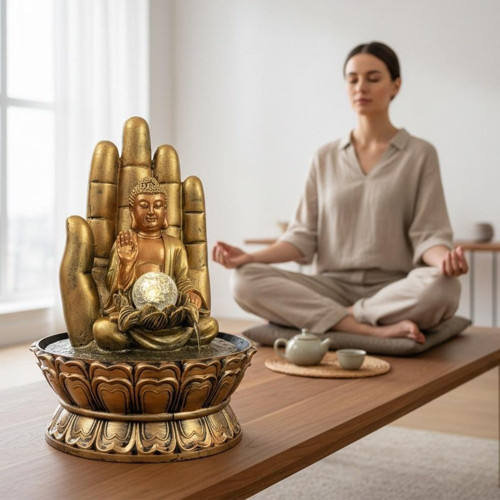 Dekoratif Büyük Boy Buda El Figürlü Masaüstü Şelale LED Işıklı Zen Su Çeşmesi Meditasyon Dekoru 40cm