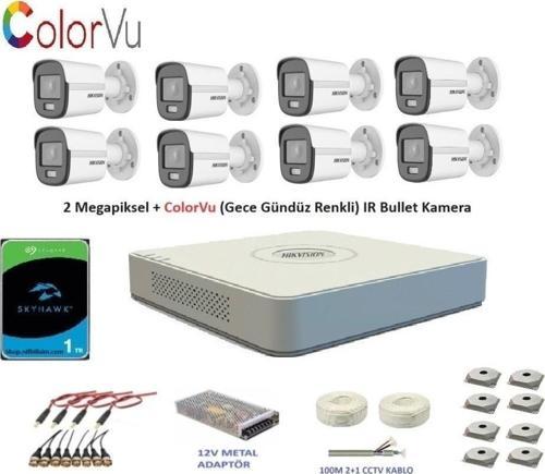 2mp 8 kameralı Dış ortam AHD HD-TVI ColorVu Gece Renkli Kamera Seti 1TB Disk