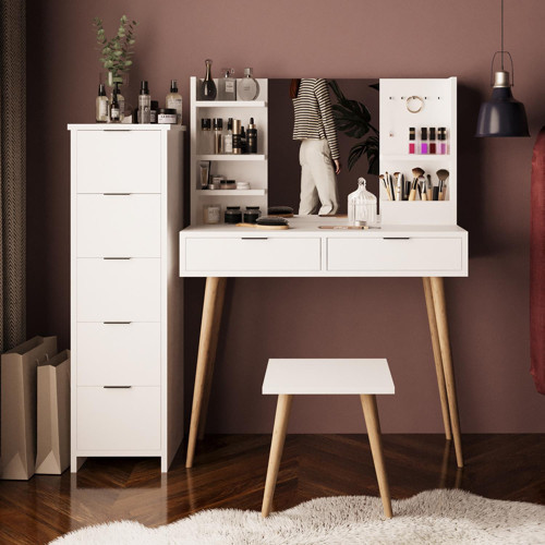 U4050 Bella Makyaj Masası Seti 5+2 Çekmeceli Dolaplı Tabureli Beyaz