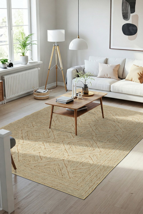 Nora Yeşil Geometrik Desenli Dokuma Tabanlı Modern Şönil Halı AL 525