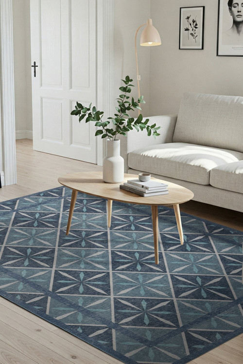Nora Mavi Geometrik Desenli Dokuma Tabanlı Modern Şönil Halı AL 500