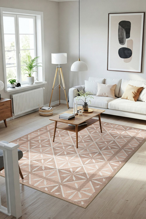 Nora Pudra Geometrik Desenli Dokuma Tabanlı Modern Şönil Halı AL 505