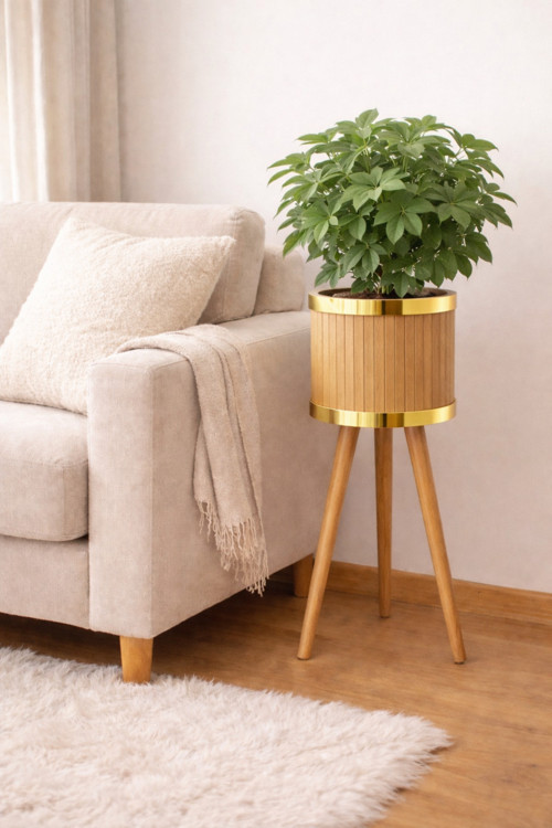Bambu Ahşap Ayaklı Saksı Gold