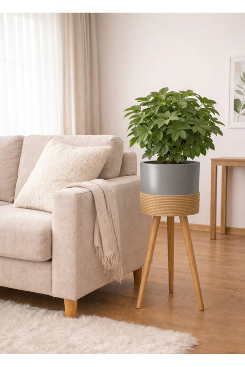 Bambu Ahşap Ayaklı Saksı Gri Halatlı