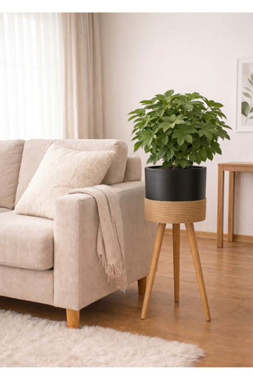 Bambu Ahşap Ayaklı Saksı Siyah Halatlı