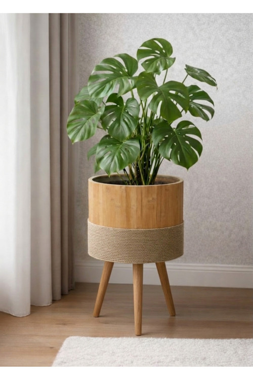 Bambu Saksı Sepeti Ahşap Ayaklı Saksı 30 Cm Büyük Boy