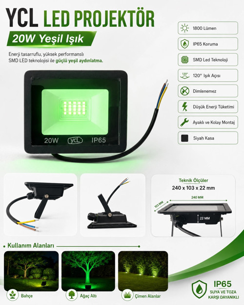 20w YEŞİL Led Projektör SMD IP65 1800lm (20 Watt 220 Volt)