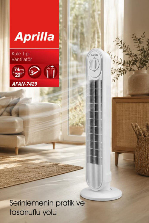 AFAN-7429 Kule Tipi Vantilatör | 74 cm & 3 Kademe & 80° Salınım & Şık Tasarım