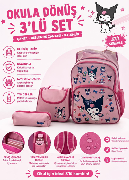 KUROMİ DESENLİ Pudra Renk Üçlü Kız Çocuk İlkokul Çantası + Termal Beslenme Çantası + Kalemlik