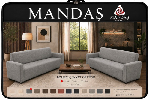 Mandaş Bohem Streç Maxi Çekyat Örtüsü Geniş Kullanım Alanlı Gri 3+3