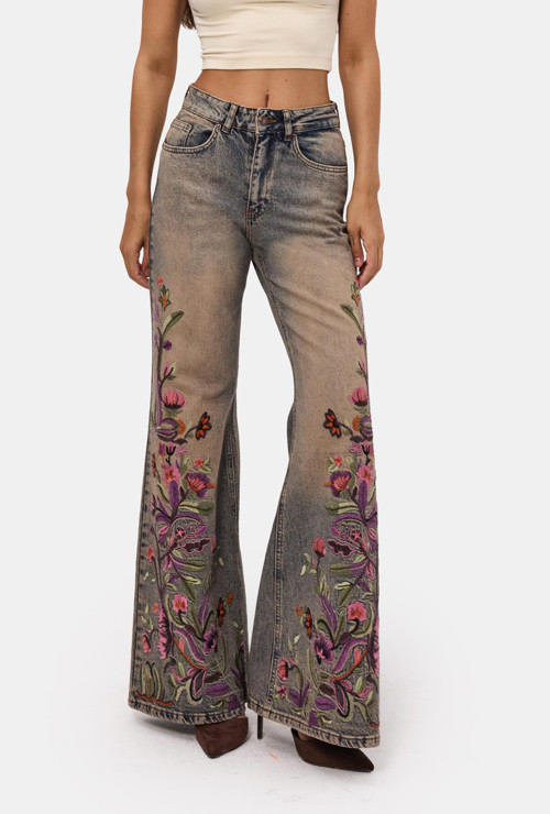 Kadın T.Kot Rengi 4w6-85 Flare Fit Nakış Tasarım Denim Jean
