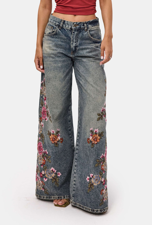 Kadın Tint 4w6-8 Palazzo Fit Özel Çiçek Nakış Tasarım Denim Jean