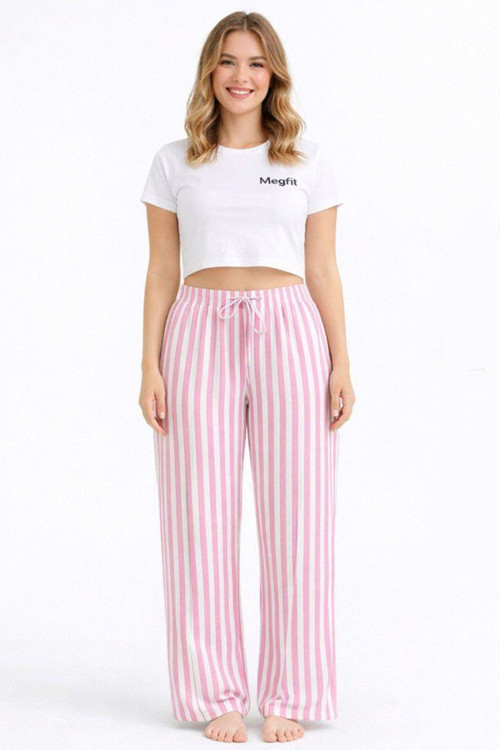 Viskon Pamuklu Kadın Pudra Pembe Çizgili Pijama Pantolon - Mg004 -