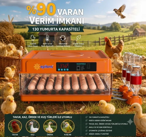 Tam Otomatik Kuluçka Makinesi 130 Yumurta Kapasiteli | Akıllı Isı Nem | Otomatik Yumurta Çevirme | O