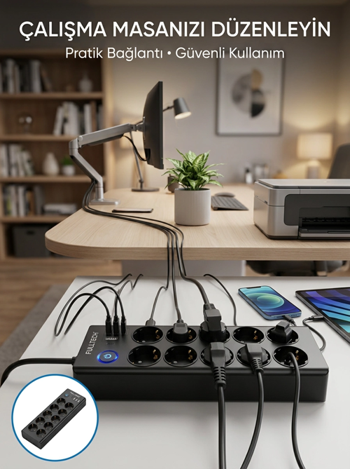 Akım Korumalı 10'Lu Çoklu Priz Usb-A Type-C Şarj Çıkışlı