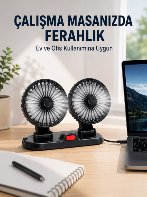 Araç Ev Kullanımına Uygun Çift Başlıklı Masaüstü Vantilatör