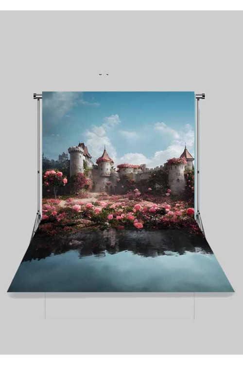 2x2.5 Mt Kumaş Üç Boyutlu Çocuk Fotoğraf Stüdyo Fonu - Pembe Çiçekli Şato Background
