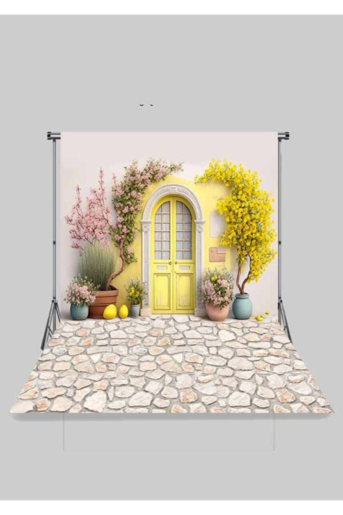 2x2.5 Mt Kumaş Üç Boyutlu Çocuk Fotoğraf Stüdyo Fonu - Çiçekli Sarı Kapı Background