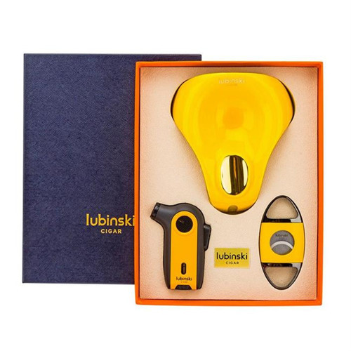 Tek Torch Pürmüz Çakmak Kesici Küllük Sarı Üçlü Puro Seti